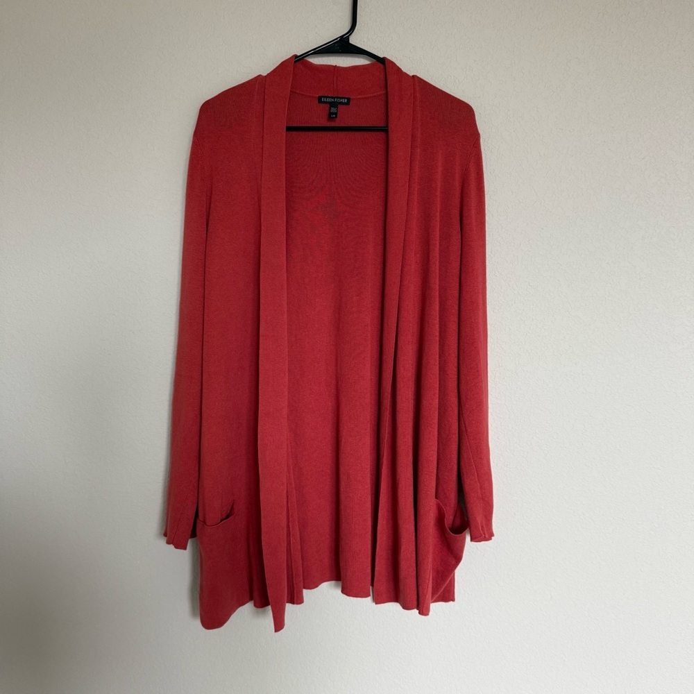 Eileen Fisher Open Knit Cardigan Sweater Silk Blend Pockets Outerwear Organic L